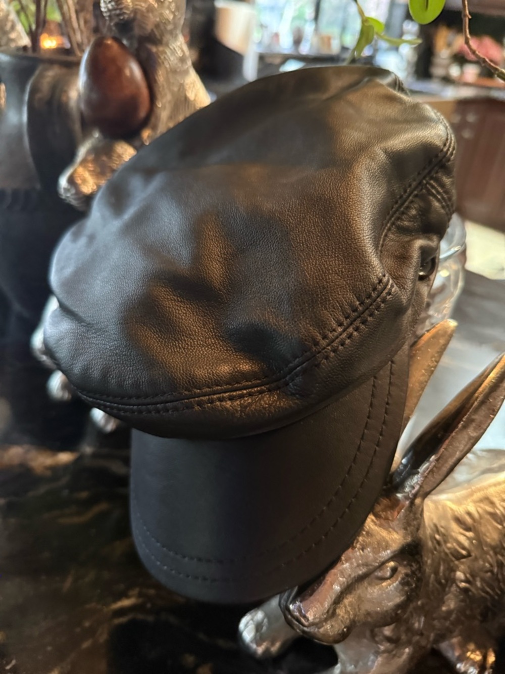 Genuine Black all Leather Newsboy Cap hat sexy black